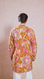 Bronze Yellow Floral V-Neck Short Kurta Set for Men with Korean Pants
