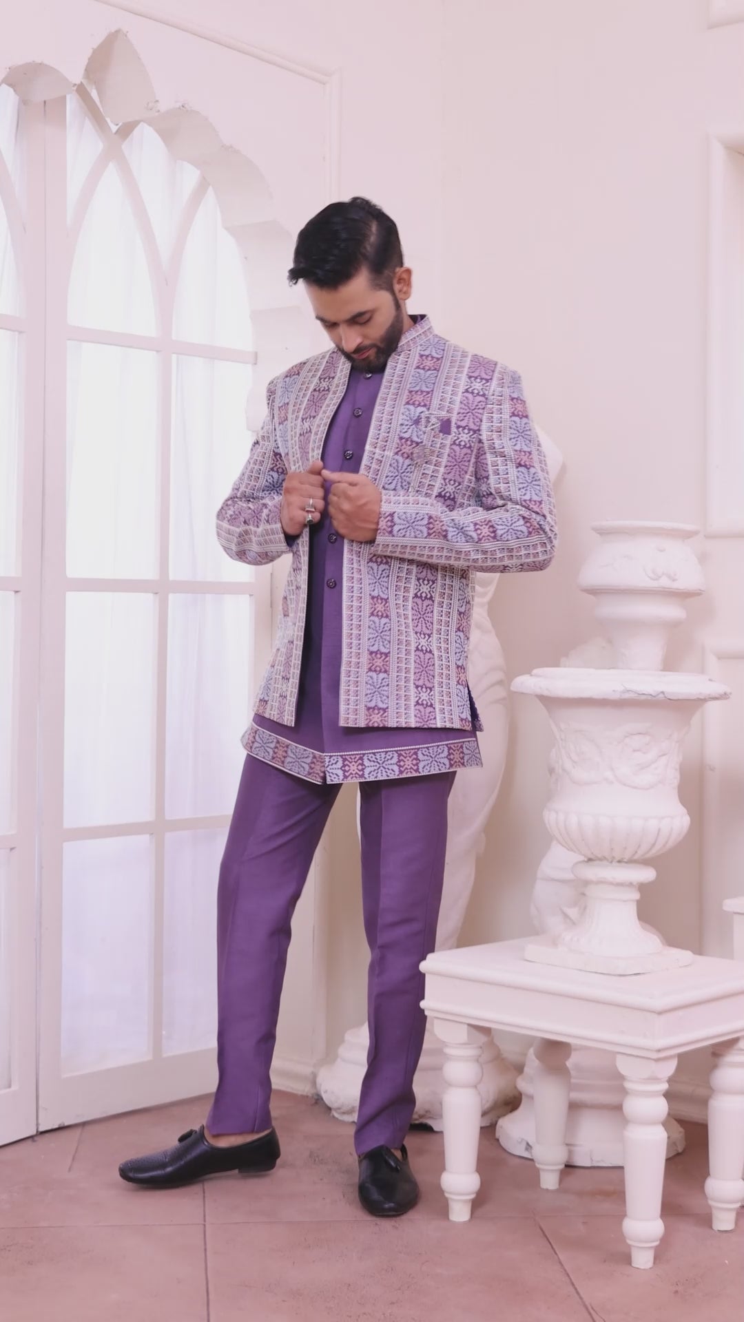 Majestic Purple Jodhpuri Set With Embroidered Jacket For Men