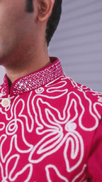 Royal Magenta Raw Silk Men's Kurta Jacket Set for Festive Events