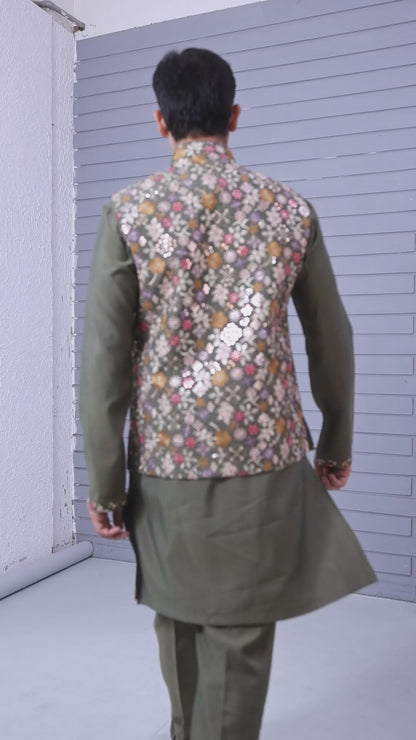 Embroidered Kurta Jacket Set for Mehendi and Festive Wear