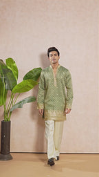 Green Pista V-Neck Short Kurta Set for Men with Korean Pants