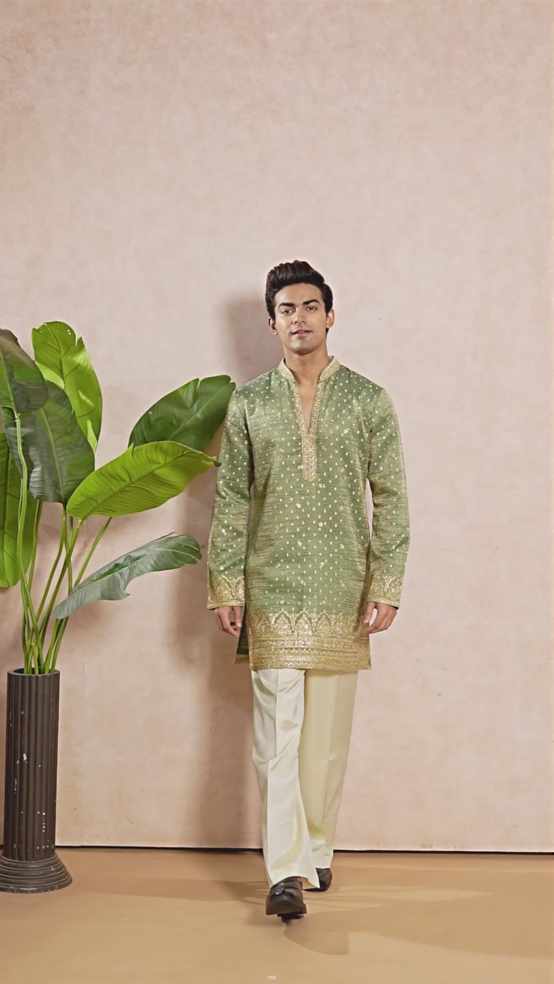 Green Pista V-Neck Short Kurta Set for Men with Korean Pants