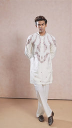 Cream V-Neck Short Kurta Set for Men with Korean Pants