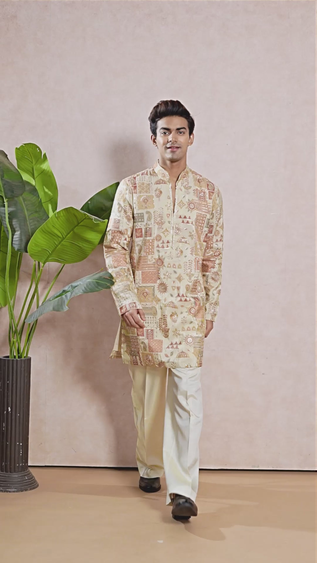 Beige V-Neck Short Kurta Set for Men with Korean Pants