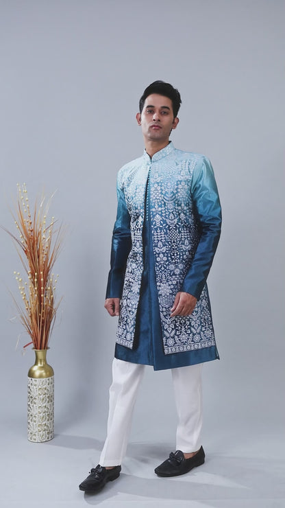Turquoise Blue Men's Indo-western for Reception and Engagement