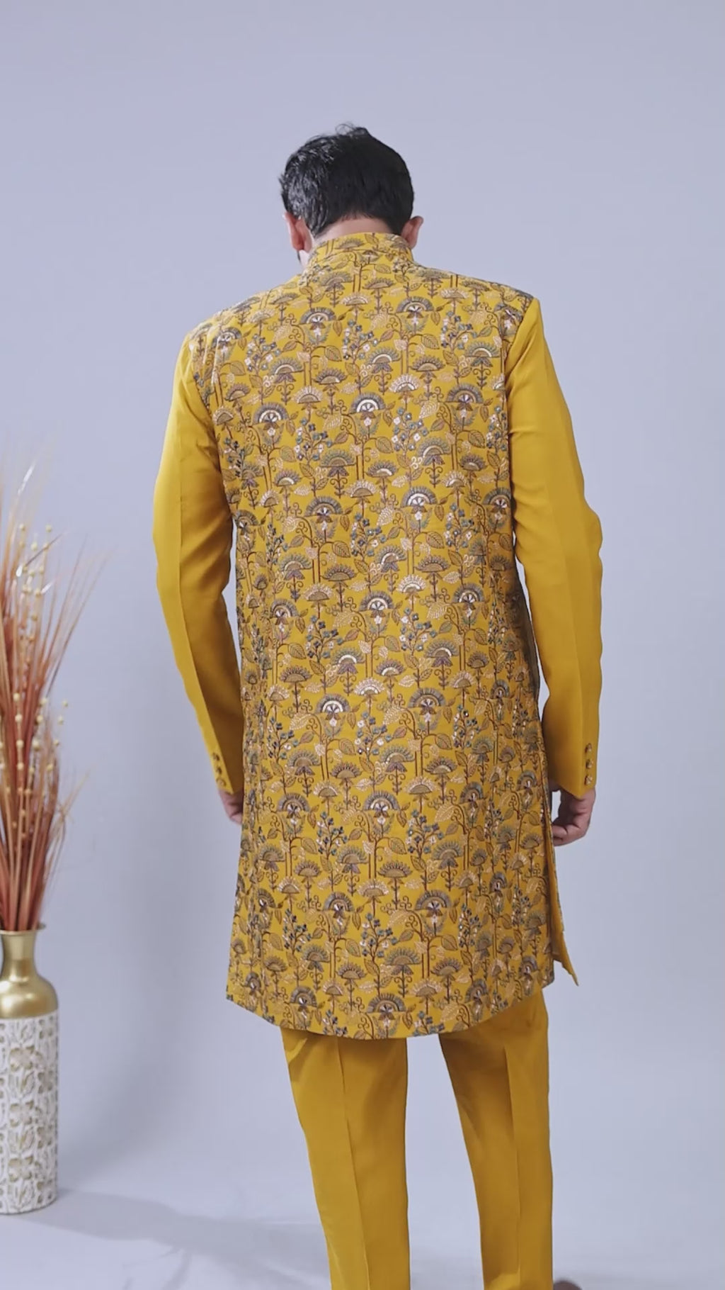 Men's Mustard Yellow Indo-western made in Raw Silk for Haldi events