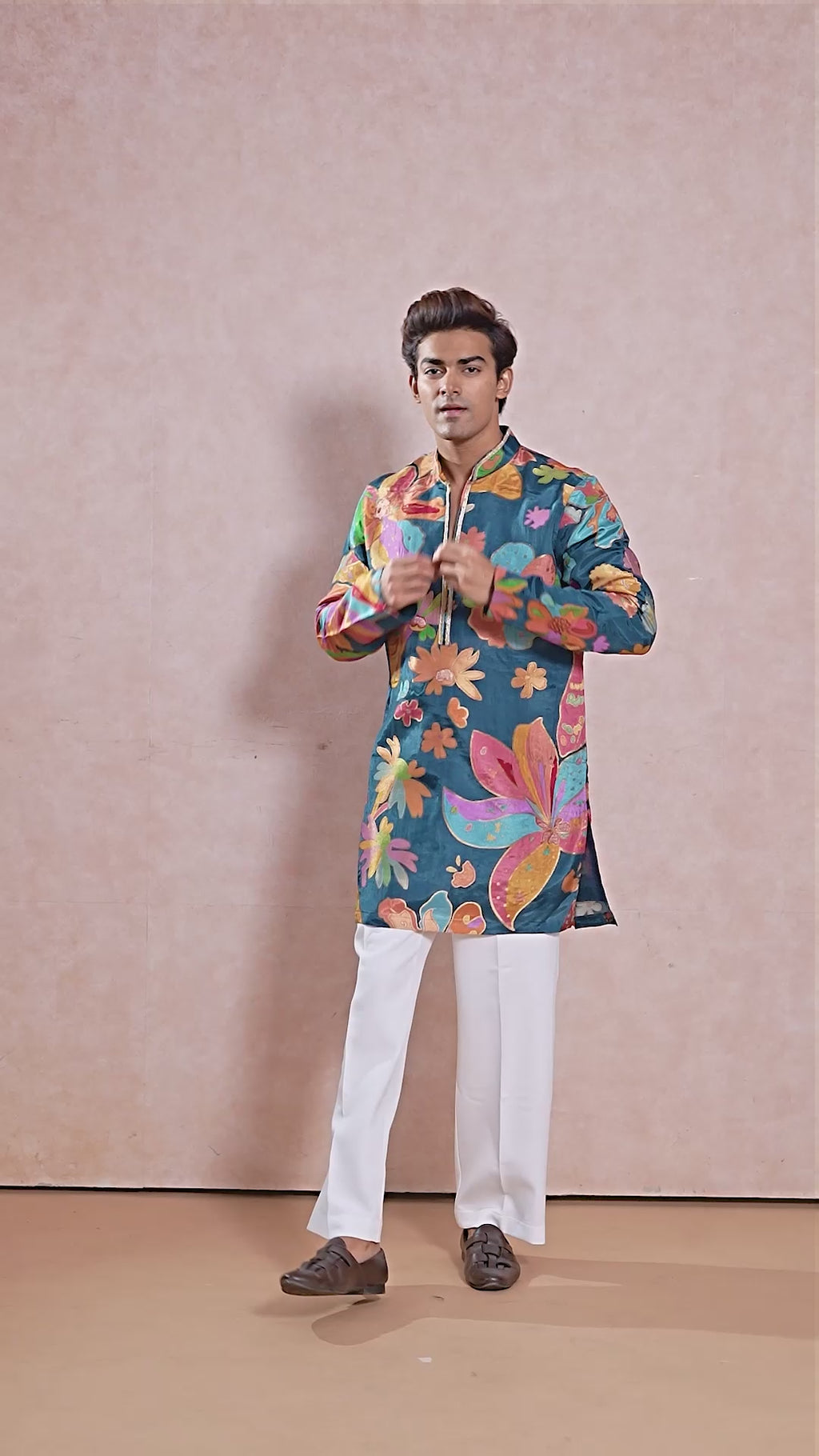 Teal Blue V-Neck Short Kurta Set for Men with Korean Pants