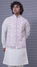 Festive Wear Men's Off-white Raw Silk Kurta Jacket Set in Classic Fit