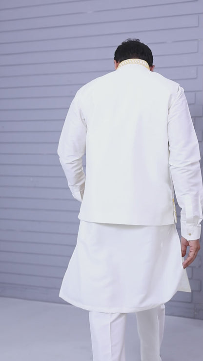 Men's Rich Off-white Kurta Jacket Set with Elegant Embroidery