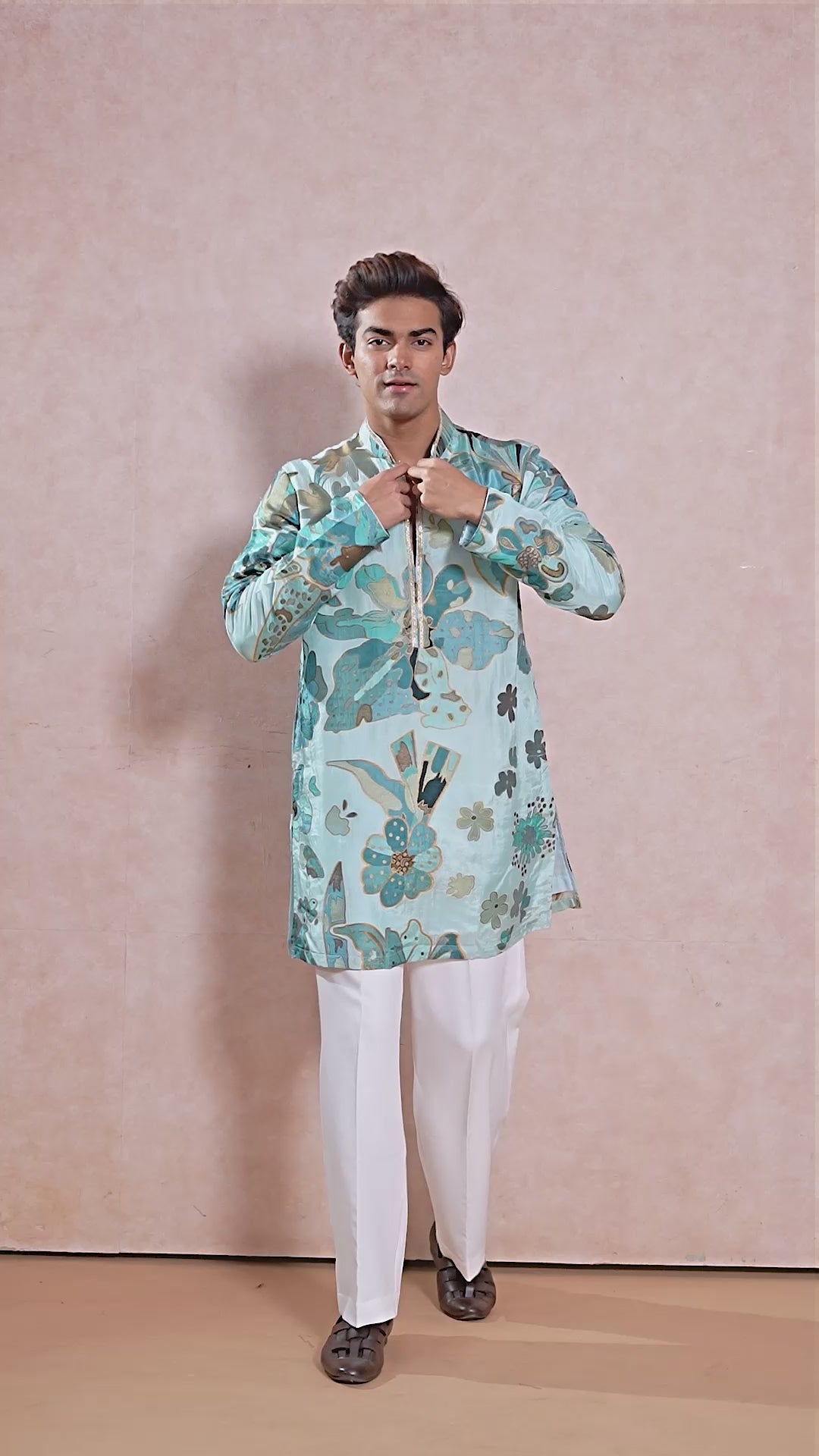 Sky Blue V-Neck Short Kurta Set for Men with Korean Pants