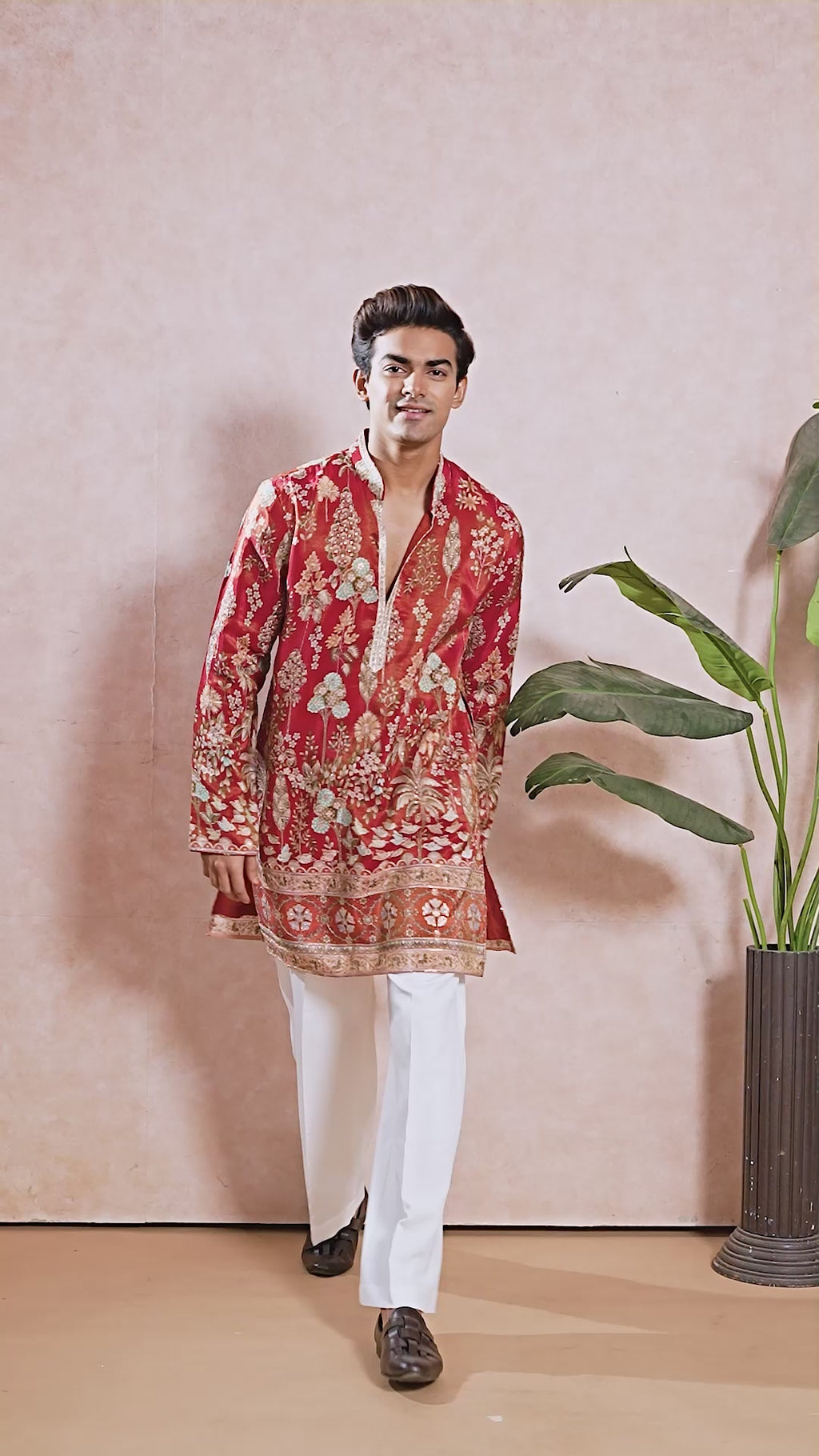 Orange Red V-Neck Short Kurta Set for Men with Korean Pants