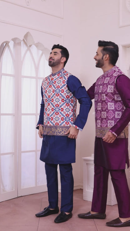 Navy Blue Kurta Jacket in Patola Print and Hand Mirror Work