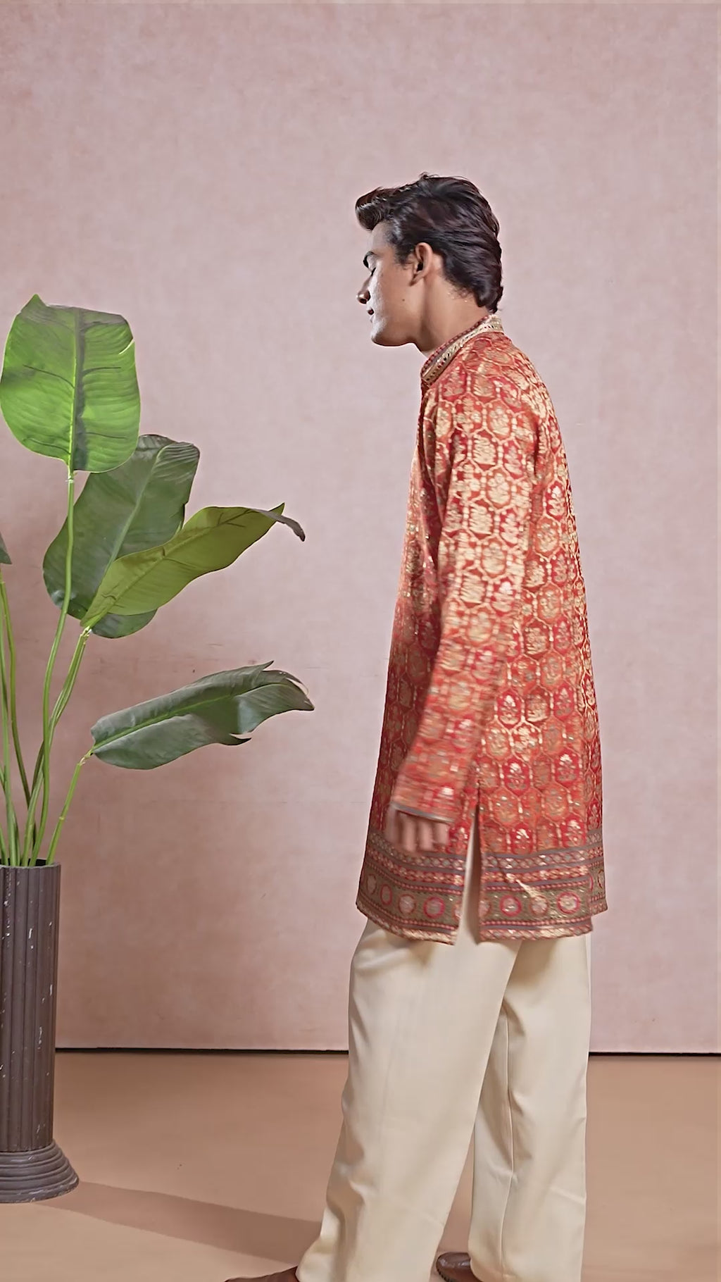 Orange Silk V-Neck Short Kurta Set for Men with Korean Pants