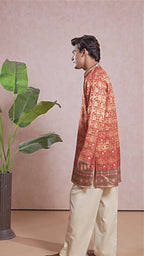 Orange Silk V-Neck Short Kurta Set for Men with Korean Pants