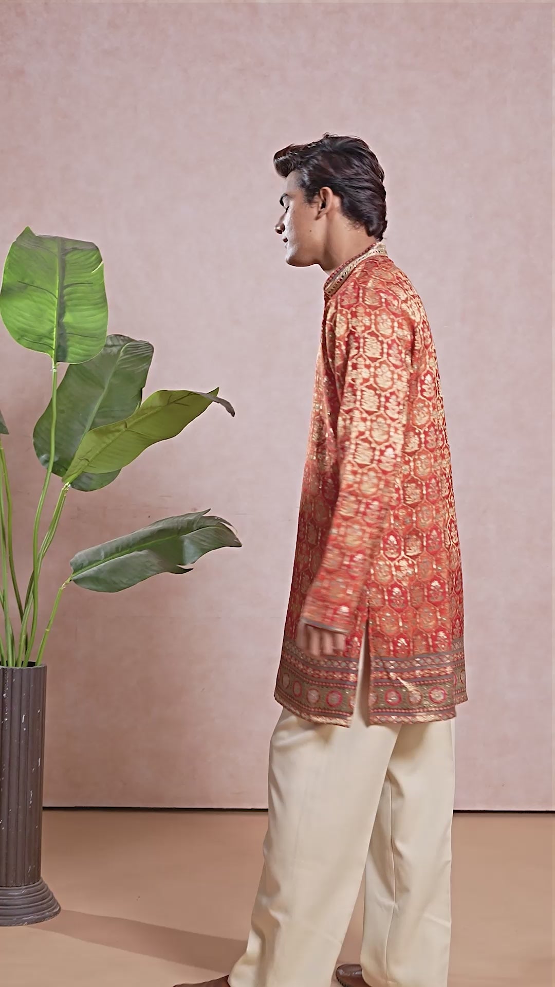 Orange Silk V-Neck Short Kurta Set for Men with Korean Pants