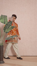 Orange V-Neck Short Kurta Set for Men with Korean Pants
