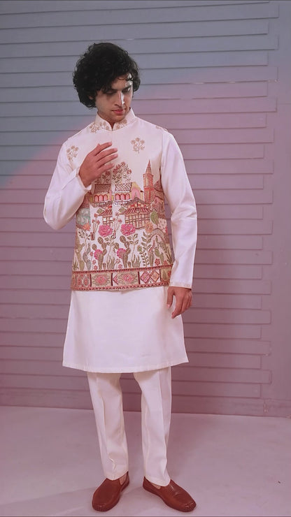 Men's Raw Silk Printed Cream Kurta Jacket Set