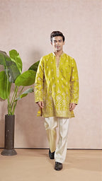 Yellow V-Neck Short Kurta Set for Men with Korean Pants