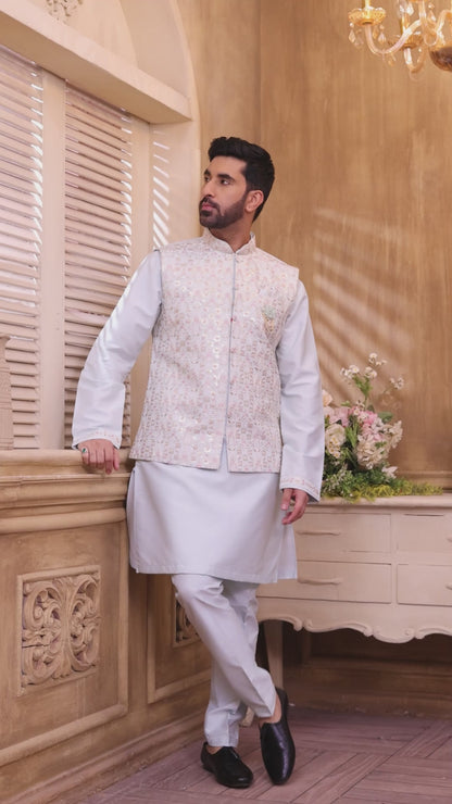 Blue Pastel Kurta Set With Floral Embriodery Jacket