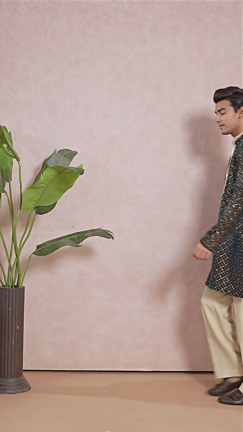 Peacock Blue V-Neck Short Kurta Set for Men with Korean Pants