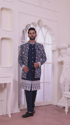 Regal Dark Blue Indo-Western Outfit With Royal Silk Embroidery