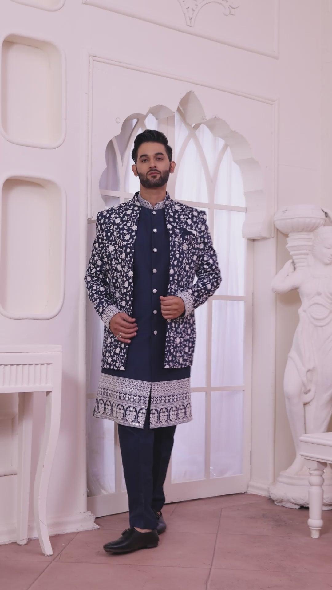 Regal Dark Blue Indo-Western Outfit With Royal Silk Embroidery