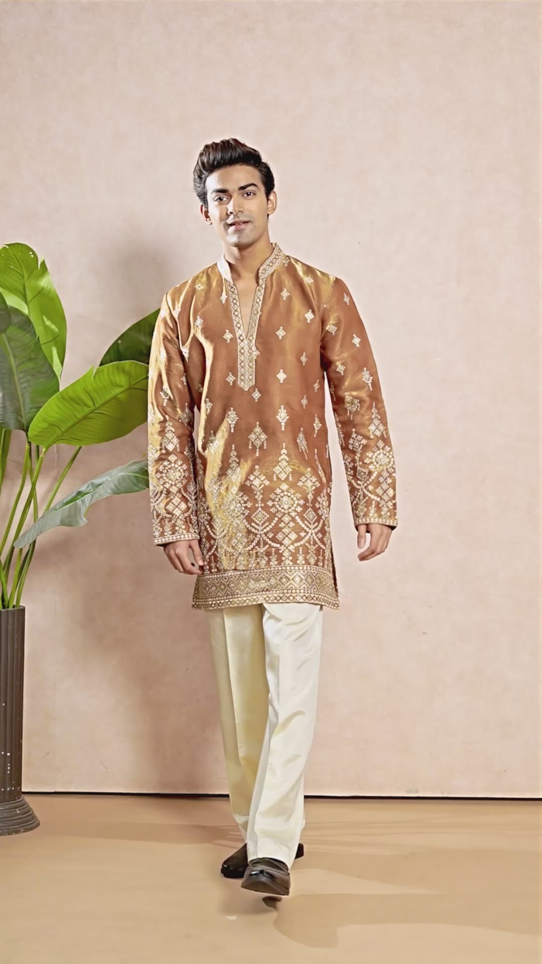 Bronze V-Neck Short Kurta Set for Men with Korean Pants