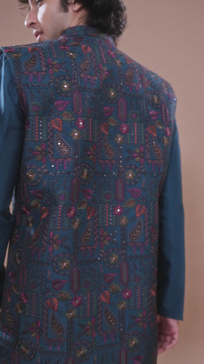 Men’s Teal Blue Indo-western Designed in Silk