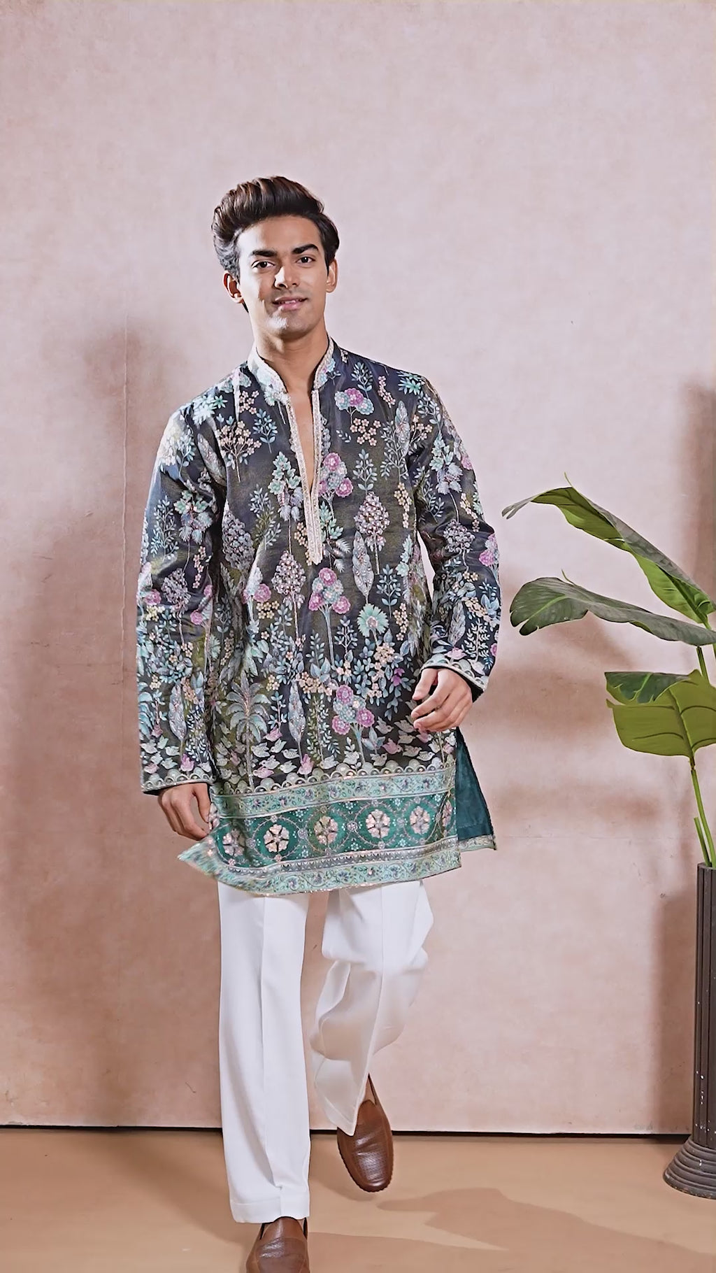 Teal Blue V-Neck Short Kurta Set for Men with Korean Pants