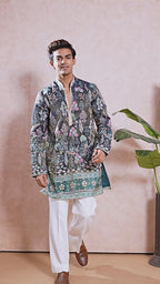 Teal Blue V-Neck Short Kurta Set for Men with Korean Pants