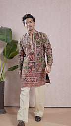 Mehendi V-Neck Short Kurta Set for Men with Korean Pants