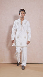 Ivory V-Neck Short Kurta Set for Men with Korean Pants