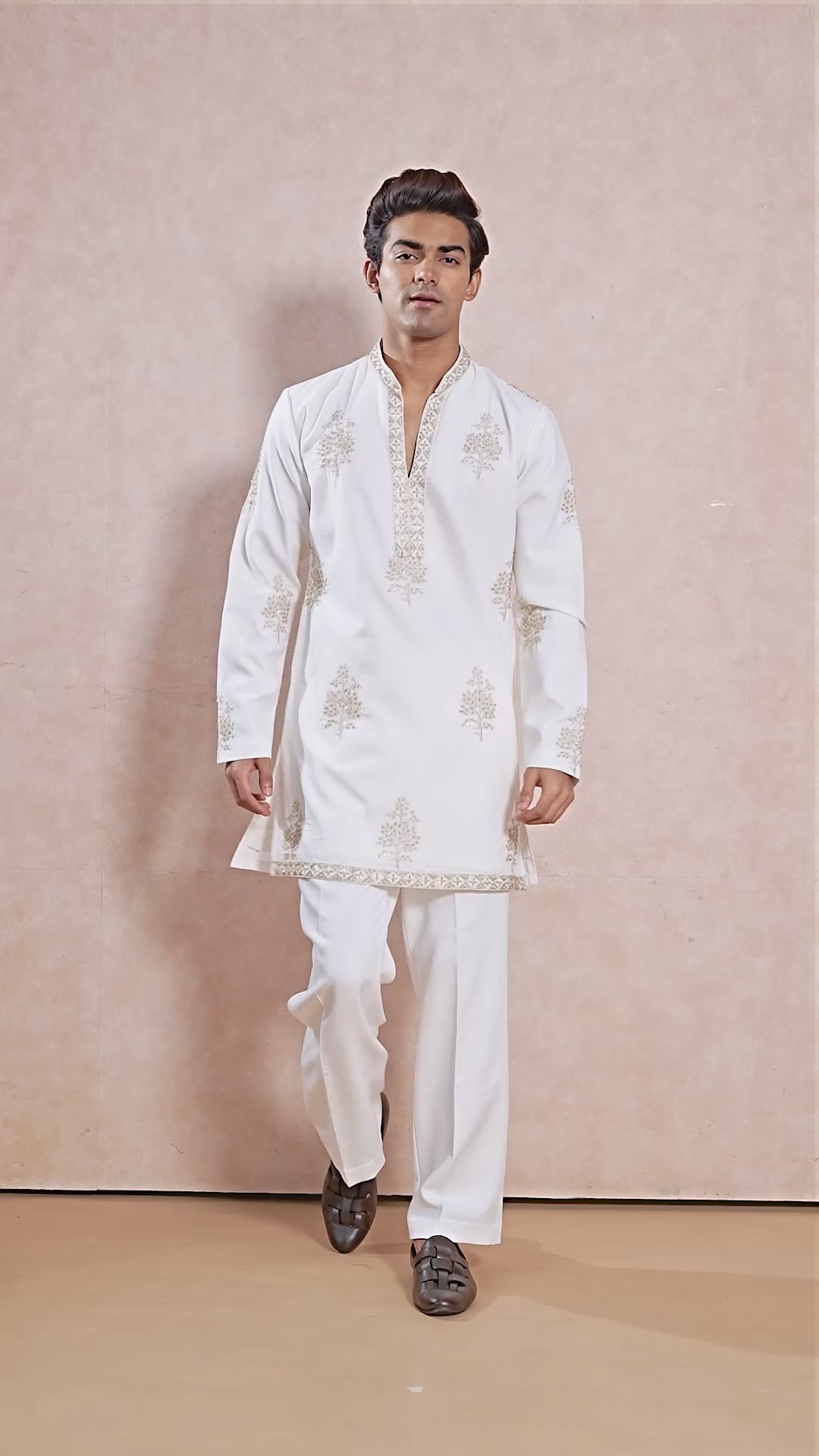 Ivory V-Neck Short Kurta Set for Men with Korean Pants