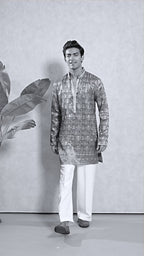 Aqua Blue V-Neck Short Kurta Set for Men with Korean Pants