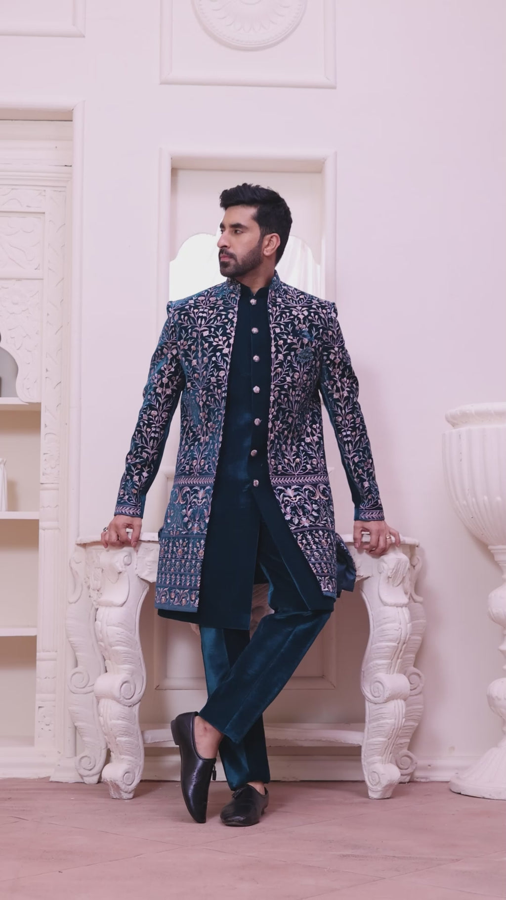 Dark Green Velvet Indo-Western Outfit With Embroidered Jacket
