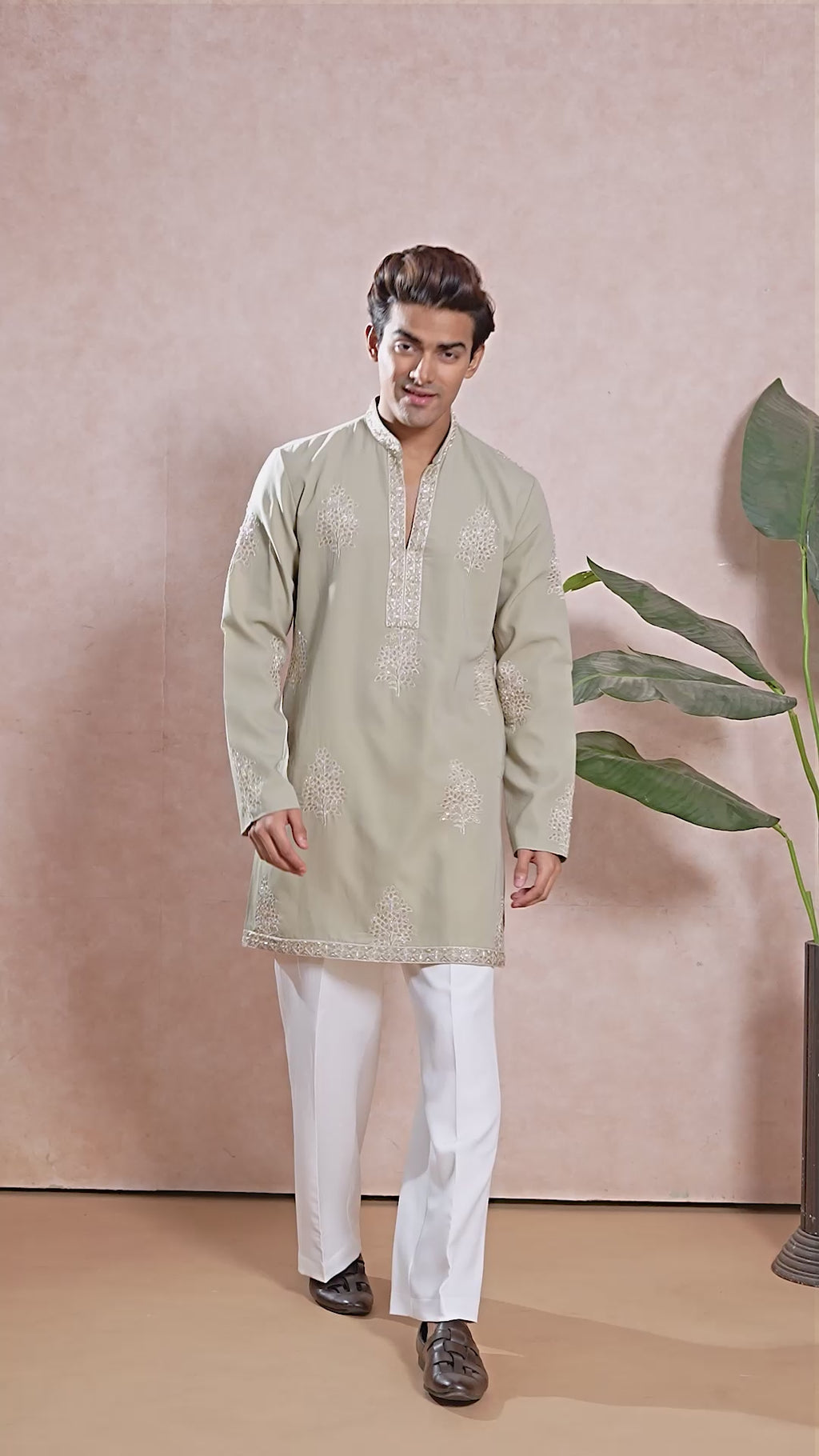 Beige V-Neck Short Kurta Set for Men with Korean Pants