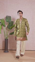 Green Mehendi Floral V-Neck Short Kurta Set for Men with Korean Pants