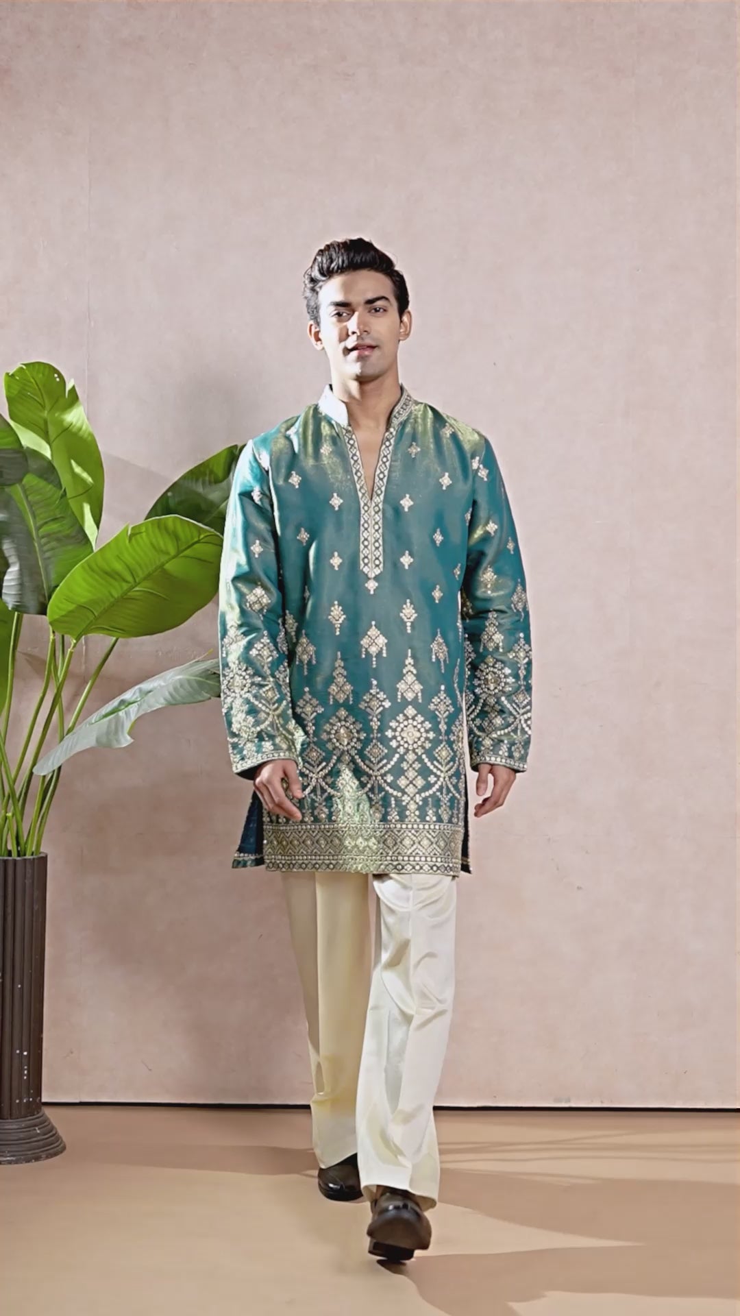 Aqua Blue V-Neck Short Kurta Set for Men with Korean Pants
