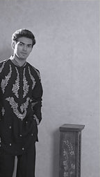 Black V-Neck Short Kurta Set for Men with Korean Pants