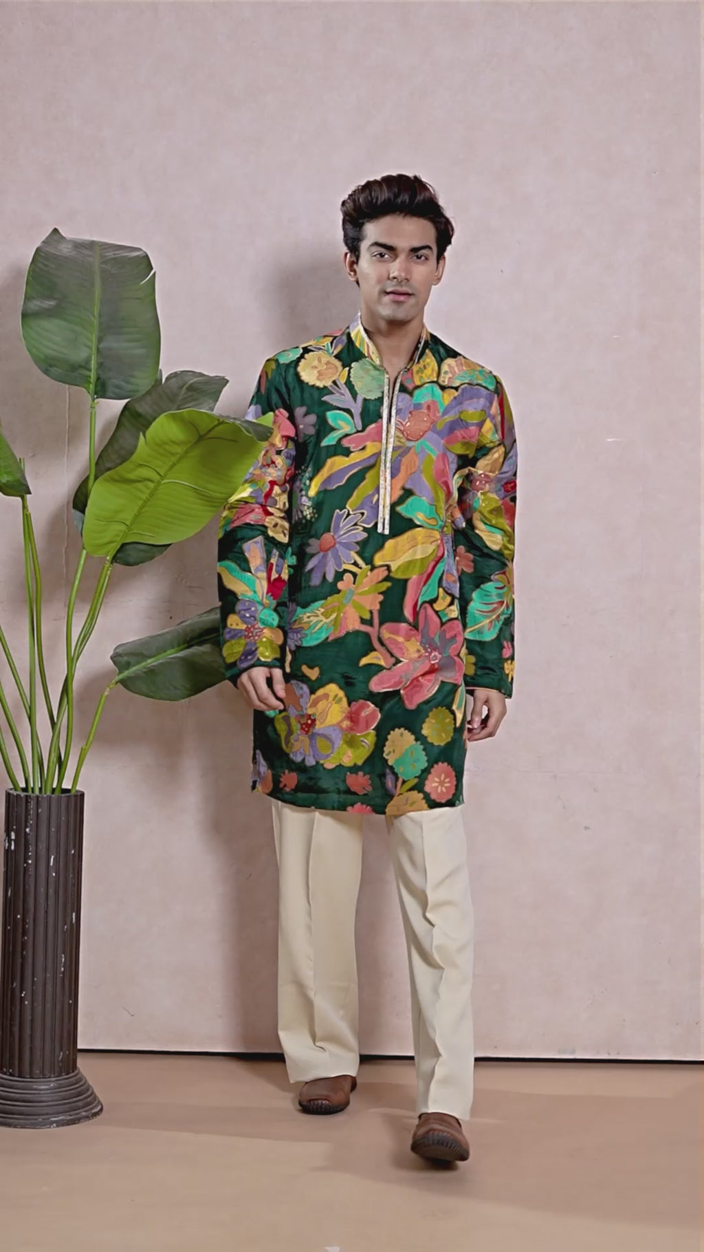Green Mehendi Floral V-Neck Short Kurta Set for Men with Korean Pants