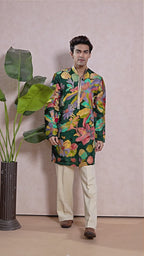 Green Mehendi Floral V-Neck Short Kurta Set for Men with Korean Pants