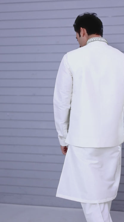 Elevate Off-white Men's Kurta Jacket Set with Raw Silk Finish