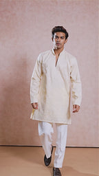Beige V-Neck Short Kurta Set for Men with Korean Pants