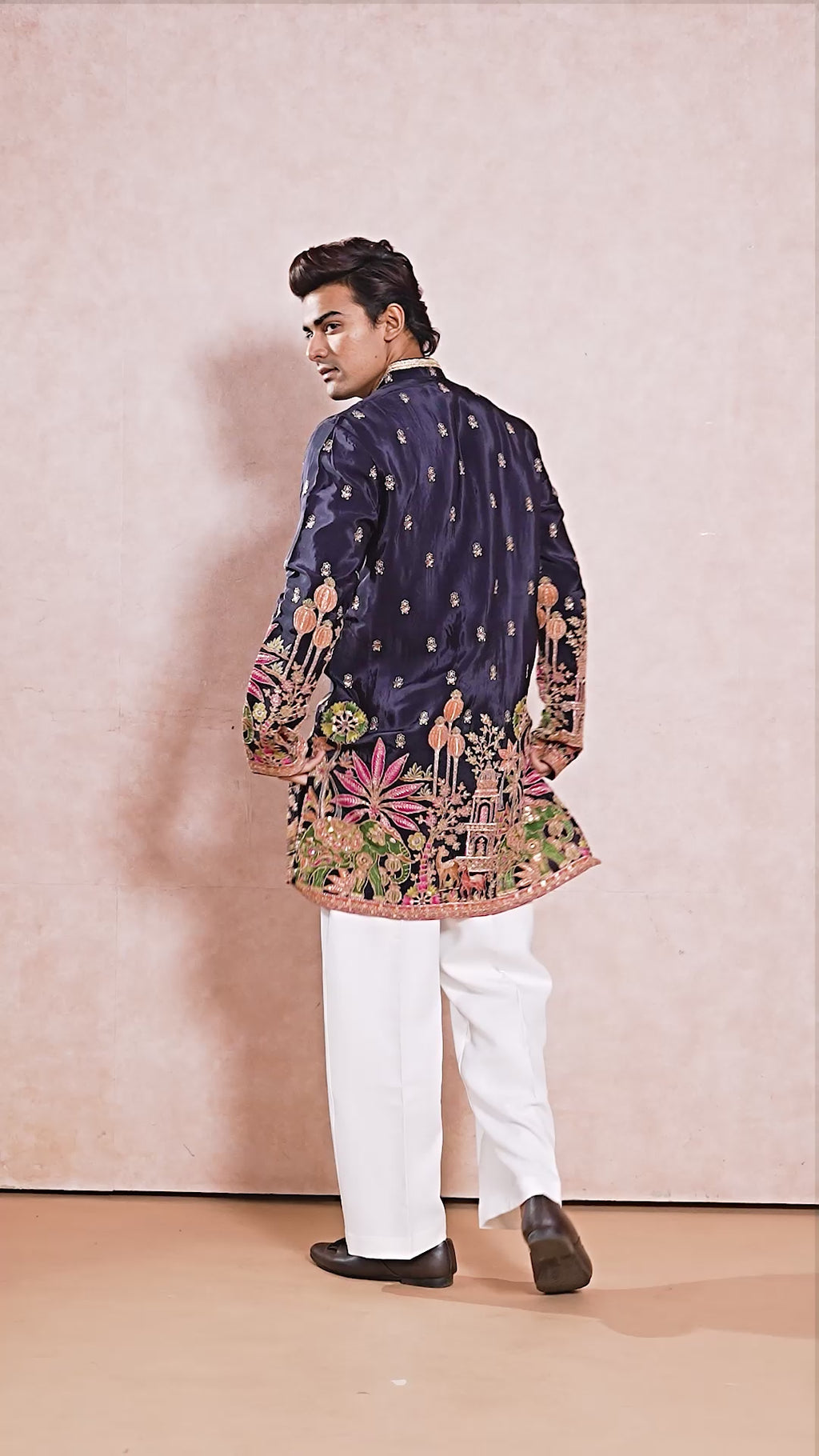 Navy V-Neck Short Kurta Set for Men with Korean Pants