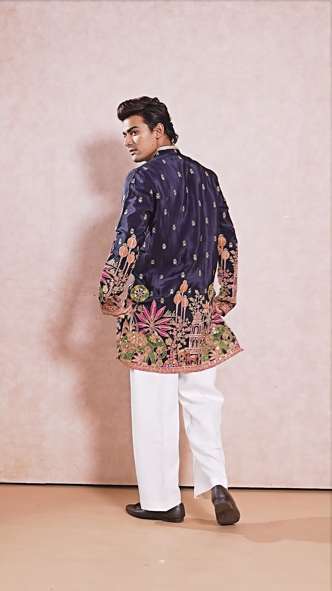 Navy V-Neck Short Kurta Set for Men with Korean Pants