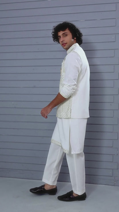 Men's Graceful Off-white Raw Silk Kurta Jacket Set