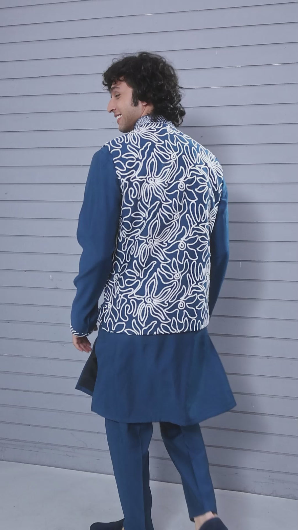 Dark Blue Raw Silk Kurta Jacket Set for Men – Festive Wear