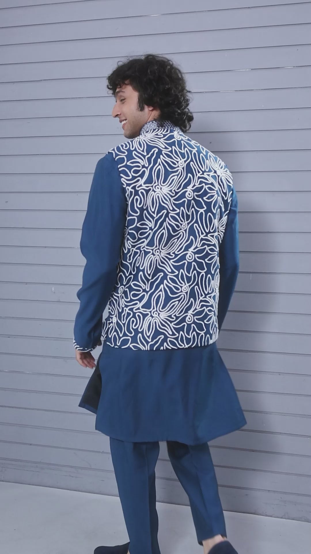 Dark Blue Raw Silk Kurta Jacket Set for Men – Festive Wear