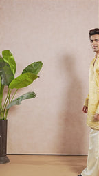 Gold V-Neck Short Kurta Set for Men with Korean Pants