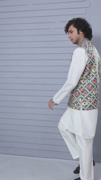 Men’s Printed Kurta Jacket Set in Off white and Grey
